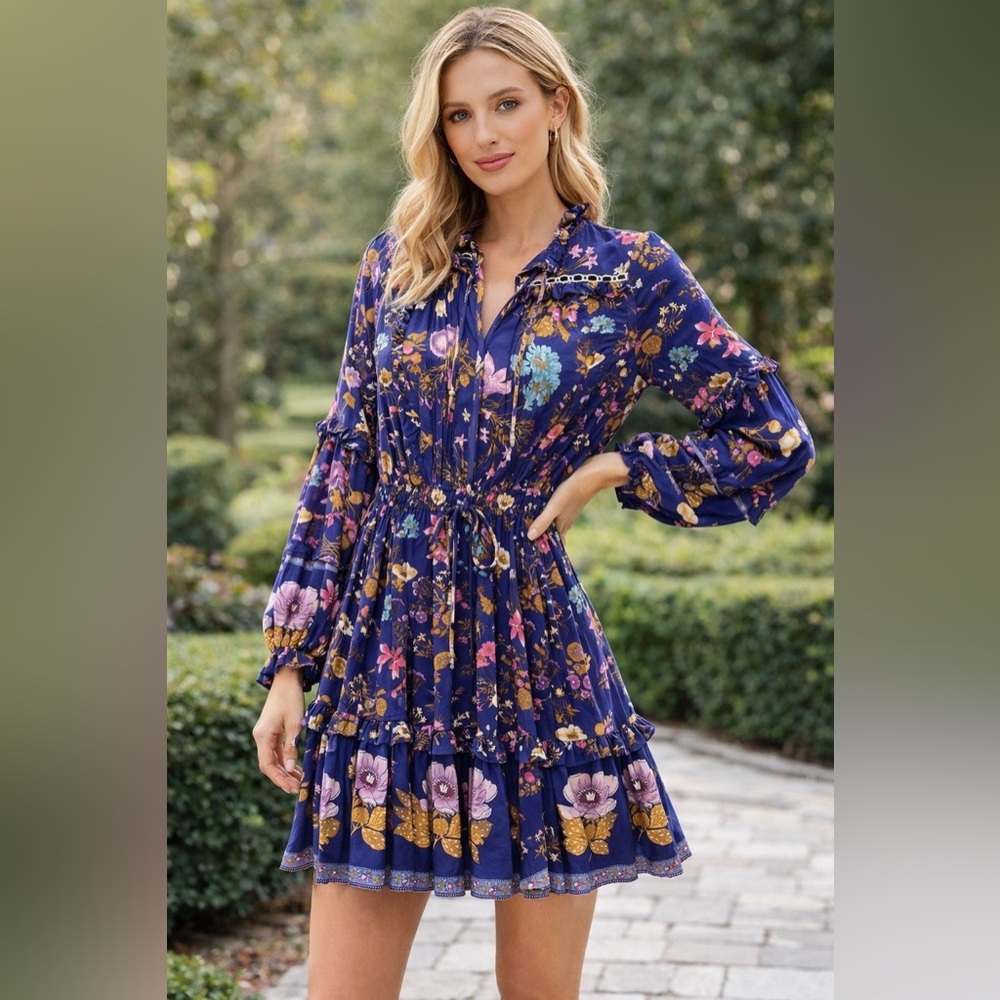 Aly Daly Floral Long Sleeve Tiered Mini Dress Blue Boho sz Small